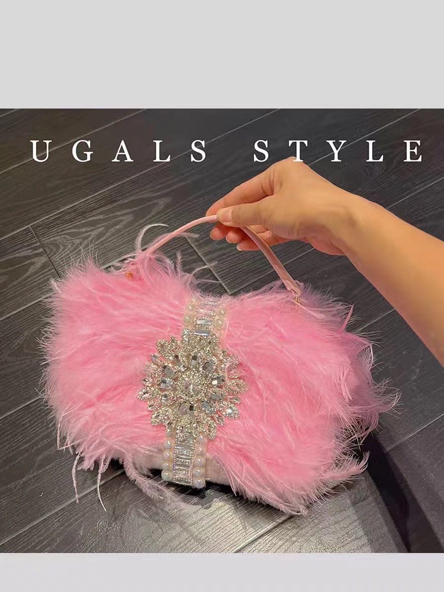 Women Bags On Sale - فاخر النعامة الشعر كريستال لامعة حجر